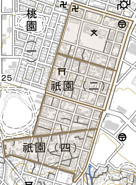 祇園とその周辺の地図。町の範囲を重ねている