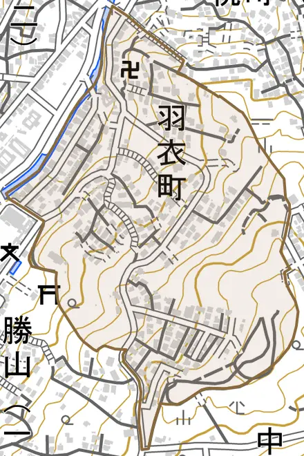 羽衣町とその周辺の地図。町の範囲を重ねている