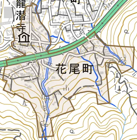 花尾町とその周辺の地図。町の範囲を重ねている
