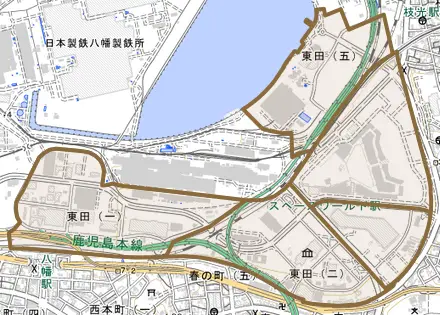 東田とその周辺の地図。町の範囲を重ねている