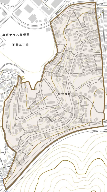 東台良町とその周辺の地図。町の範囲を重ねている