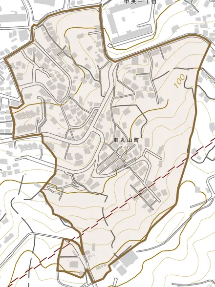 東丸山町とその周辺の地図。町の範囲を重ねている