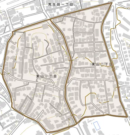 東山とその周辺の地図。町の範囲を重ねている