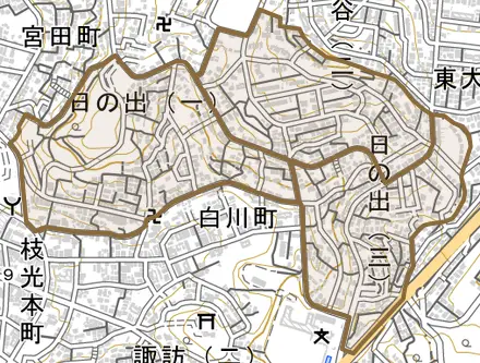 日の出とその周辺の地図。町の範囲を重ねている