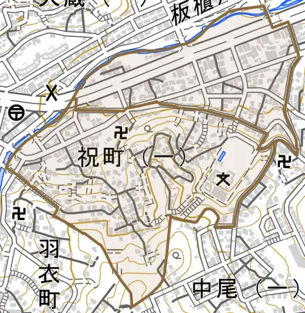 祝町とその周辺の地図。町の範囲を重ねている
