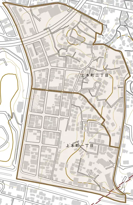 上本町とその周辺の地図。町の範囲を重ねている
