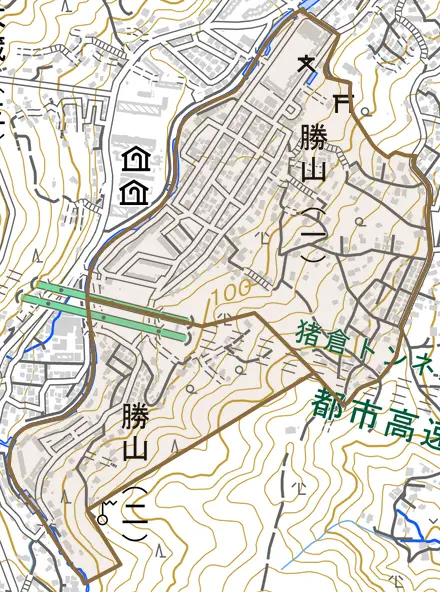 勝山とその周辺の地図。町の範囲を重ねている