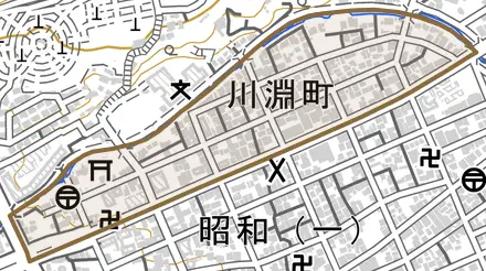 川淵町とその周辺の地図。町の範囲を重ねている