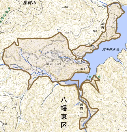 河内とその周辺の地図。町の範囲を重ねている
