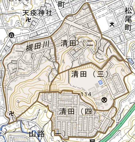 清田とその周辺の地図。町の範囲を重ねている