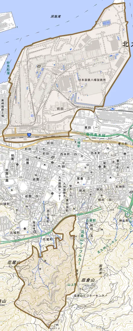 大字前田とその周辺の地図。町の範囲を重ねている