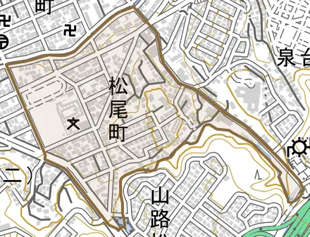 松尾町とその周辺の地図。町の範囲を重ねている