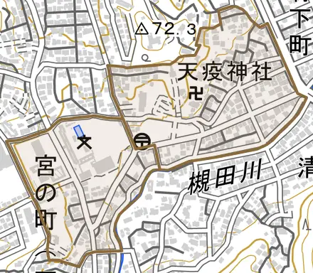 宮の町とその周辺の地図。町の範囲を重ねている