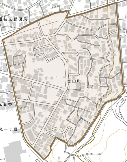 宮田町とその周辺の地図。町の範囲を重ねている