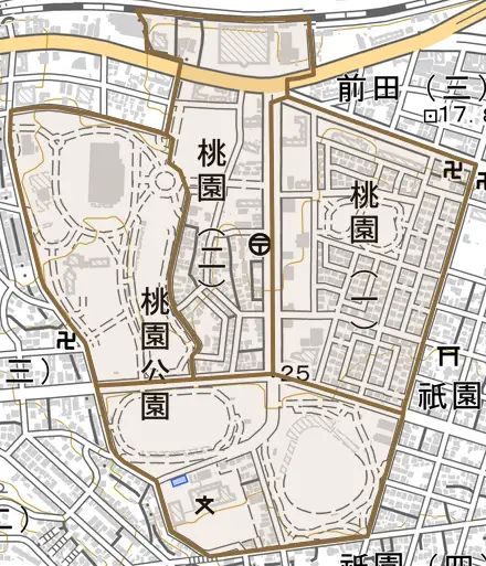 桃園とその周辺の地図。町の範囲を重ねている