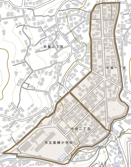 中畑とその周辺の地図。町の範囲を重ねている