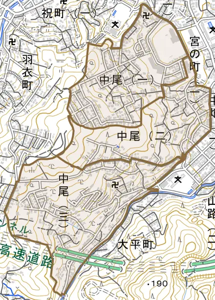 中尾とその周辺の地図。町の範囲を重ねている