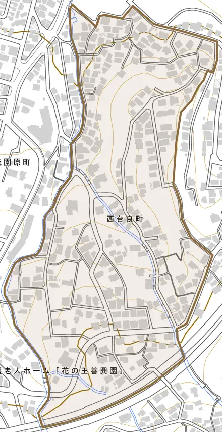 西台良町とその周辺の地図。町の範囲を重ねている