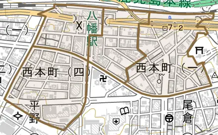 西本町とその周辺の地図。町の範囲を重ねている