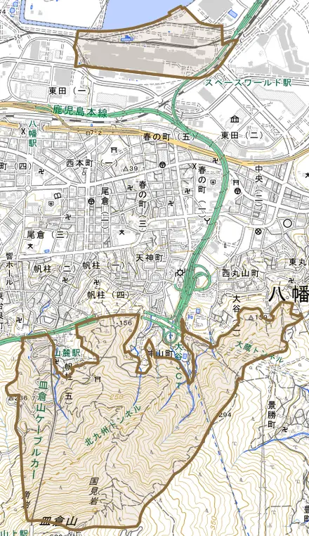 大字尾倉とその周辺の地図。町の範囲を重ねている