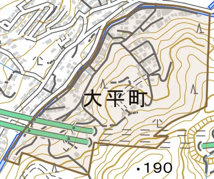 大平町とその周辺の地図。町の範囲を重ねている