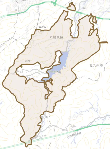 大字大蔵とその周辺の地図。町の範囲を重ねている
