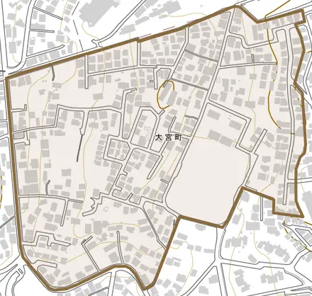 大宮町とその周辺の地図。町の範囲を重ねている