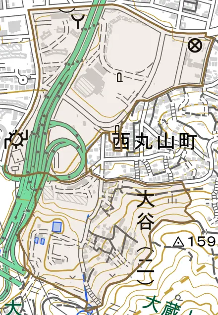大谷とその周辺の地図。町の範囲を重ねている