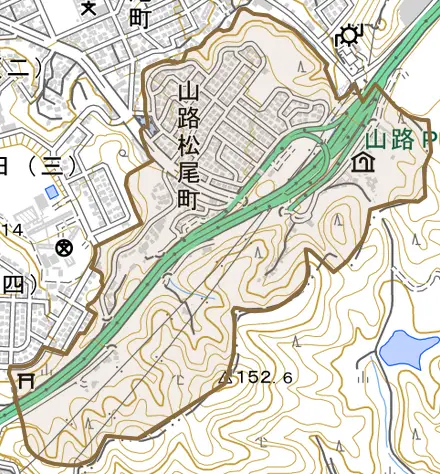 山路松尾町とその周辺の地図。町の範囲を重ねている