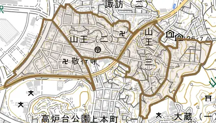 山王とその周辺の地図。町の範囲を重ねている