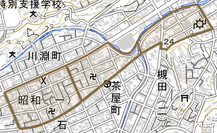 昭和とその周辺の地図。町の範囲を重ねている