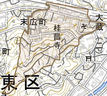 末広町とその周辺の地図。町の範囲を重ねている