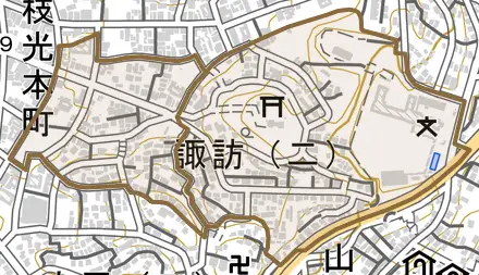諏訪とその周辺の地図。町の範囲を重ねている