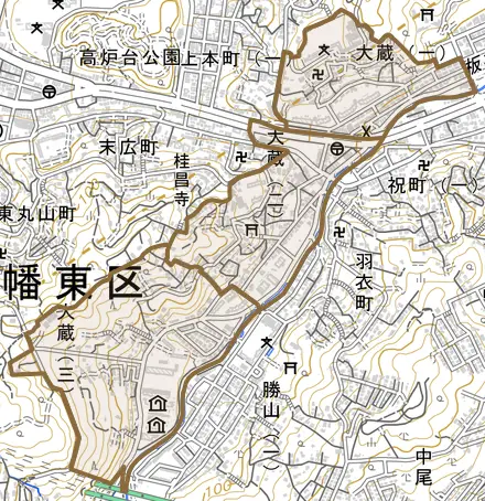 大蔵とその周辺の地図。町の範囲を重ねている
