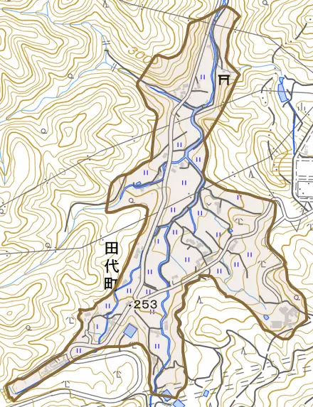田代町とその周辺の地図。町の範囲を重ねている