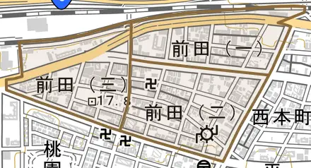 前田とその周辺の地図。町の範囲を重ねている