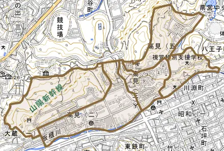 高見とその周辺の地図。町の範囲を重ねている