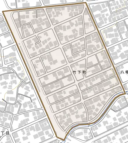 竹下町とその周辺の地図。町の範囲を重ねている