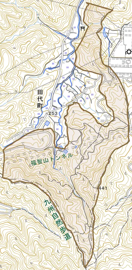 大字田代とその周辺の地図。町の範囲を重ねている