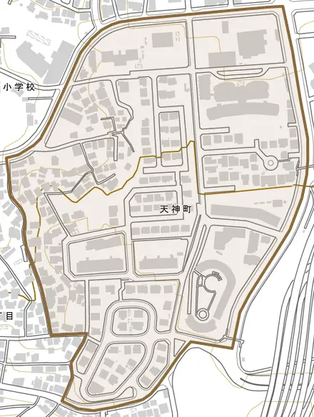 天神町とその周辺の地図。町の範囲を重ねている