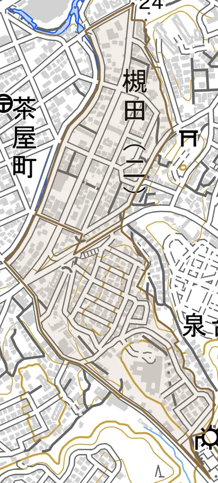槻田とその周辺の地図。町の範囲を重ねている
