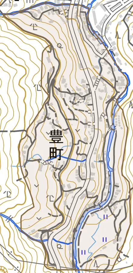 豊町とその周辺の地図。町の範囲を重ねている
