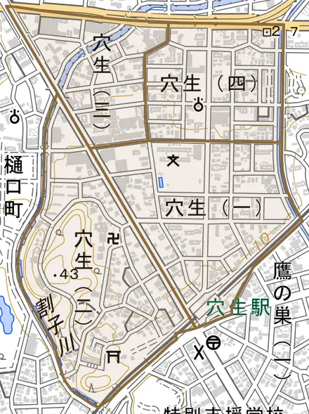 穴生とその周辺の地図。町の範囲を重ねている