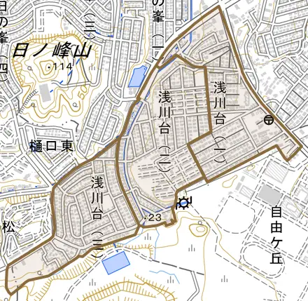 浅川台とその周辺の地図。町の範囲を重ねている