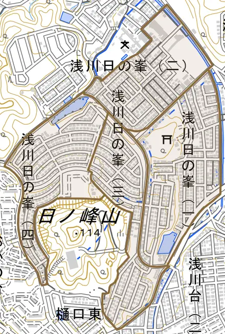浅川日の峯とその周辺の地図。町の範囲を重ねている