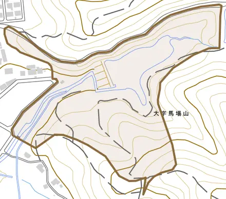 大字馬場山とその周辺の地図。町の範囲を重ねている