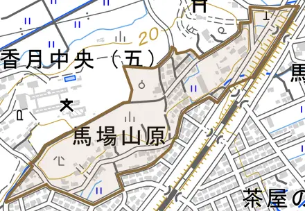 馬場山原とその周辺の地図。町の範囲を重ねている