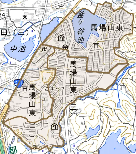 馬場山東とその周辺の地図。町の範囲を重ねている