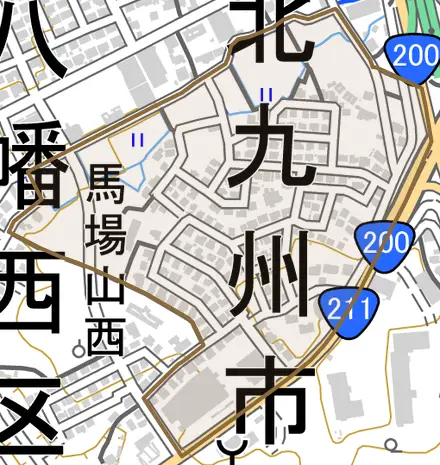 馬場山西とその周辺の地図。町の範囲を重ねている