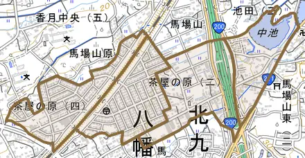 茶屋の原とその周辺の地図。町の範囲を重ねている